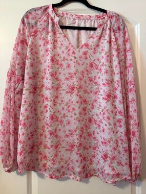 Women’s Boutique Brand Pink Floral V-Neck Long-Sleeve Blouse XL.